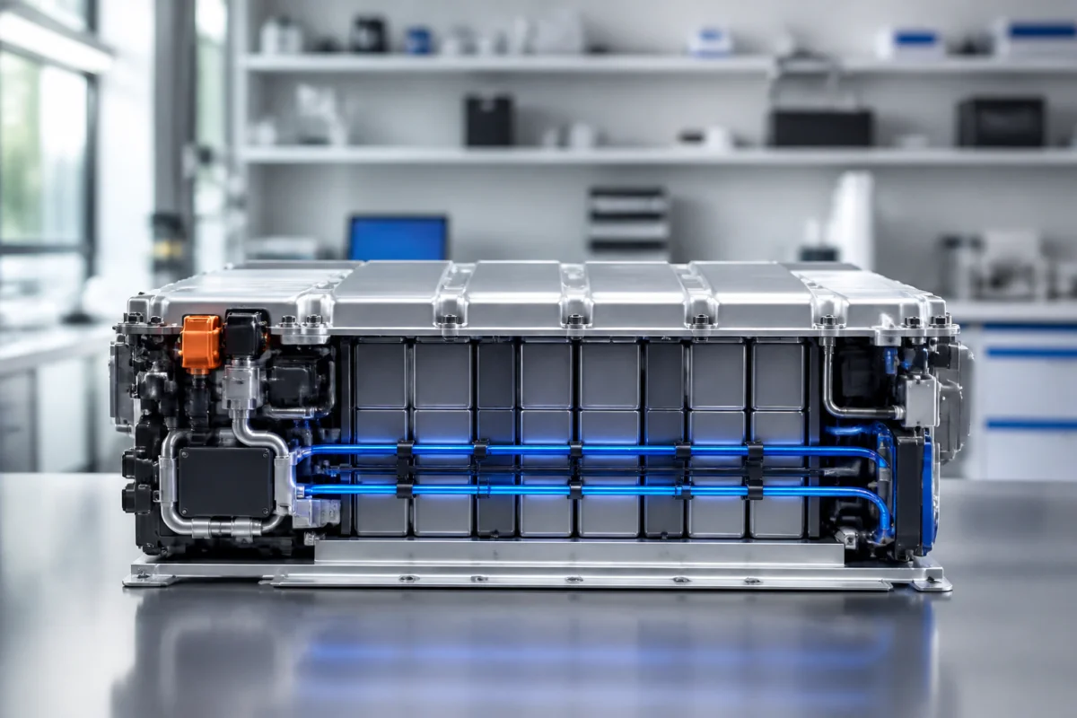 Batterie haute technologie de voiture électrique exposée dans un laboratoire moderne pour illustrer son coût de remplacement.