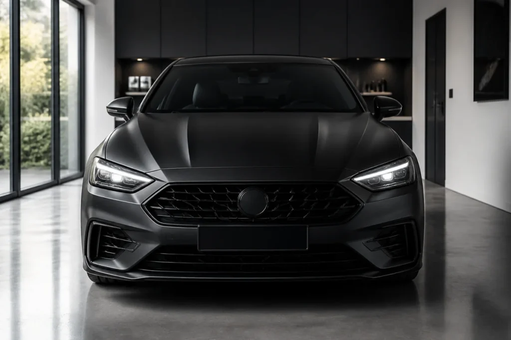 Berline moderne avec un covering noir mat impeccable stationnée dans un garage contemporain pour illustrer combien coute un covering voiture.