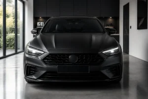 Berline moderne avec un covering noir mat impeccable stationnée dans un garage contemporain pour illustrer combien coute un covering voiture.