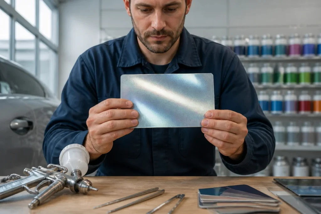 Carrossier professionnel examinant un échantillon de peinture nacrée pour estimer combien coûte une peinture voiture en atelier.