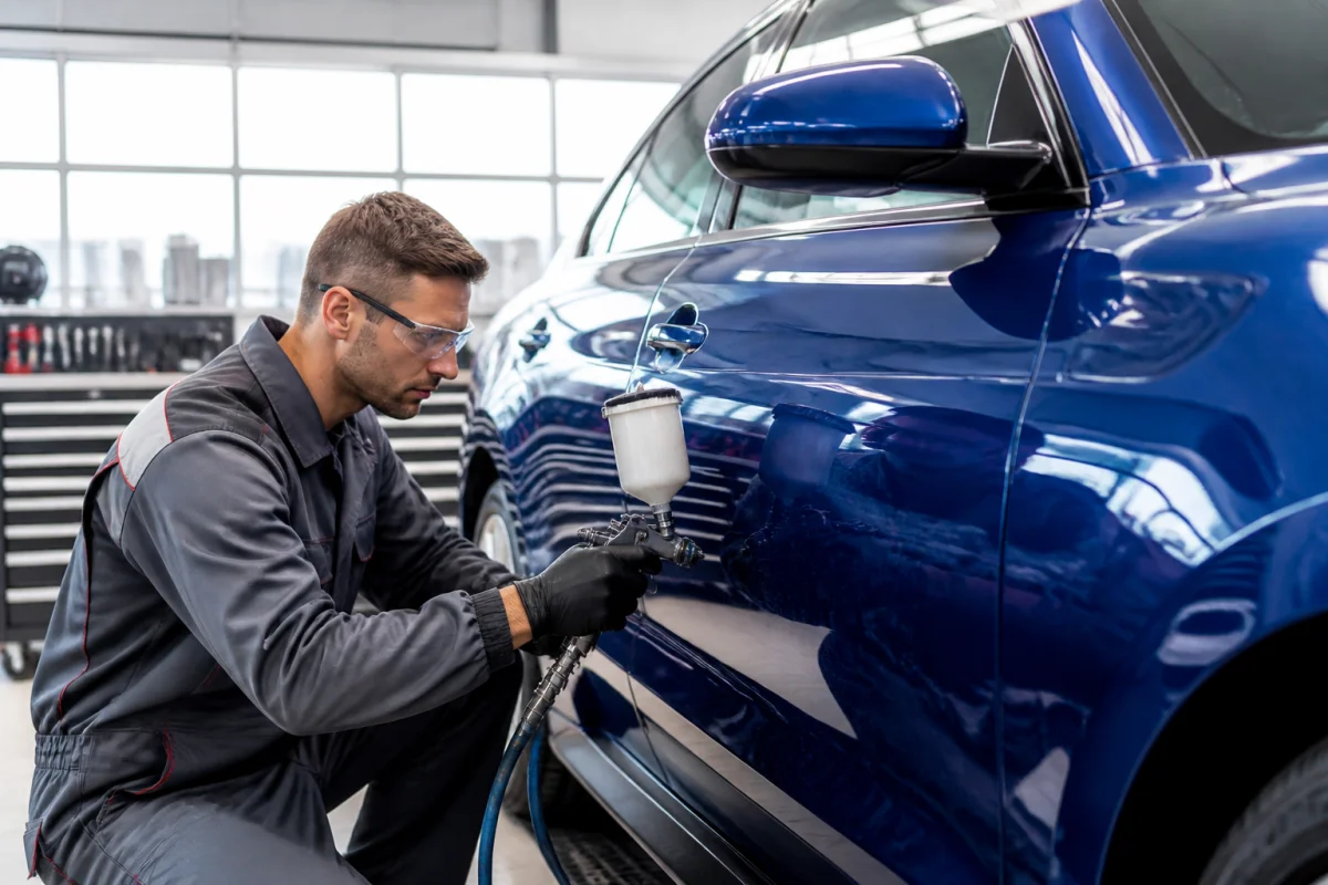 Carrossier professionnel appliquant avec précision une peinture brillante sur la portière d'une voiture moderne en atelier.