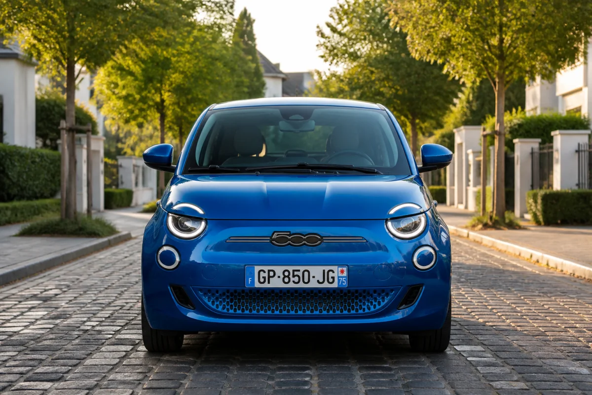 Voiture sans permis moderne et compacte de couleur bleue stationnée dans une rue résidentielle pour illustrer son coût.