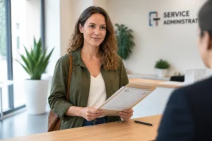 Personne présentant des documents officiels à un guichet administratif pour savoir si sa voiture est à la fourrière.
