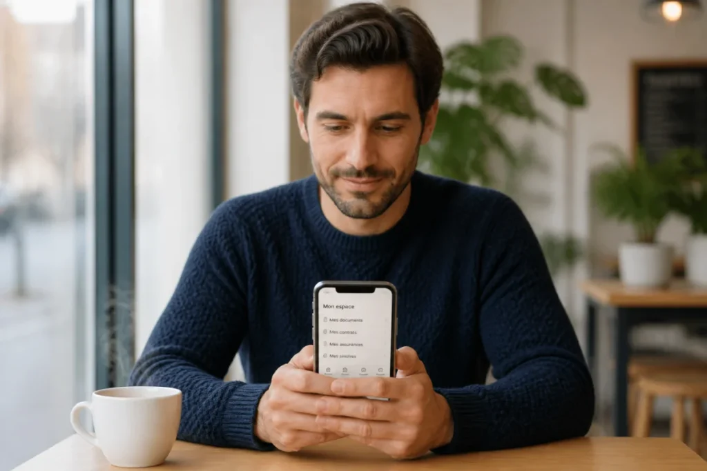 Personne sereine consultant son smartphone dans un café pour savoir combien de temps pour récupérer 3 points.