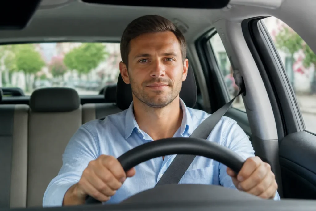 Conducteur serein au volant d'une voiture, illustrant la récupération de points après une infraction au code de la route.