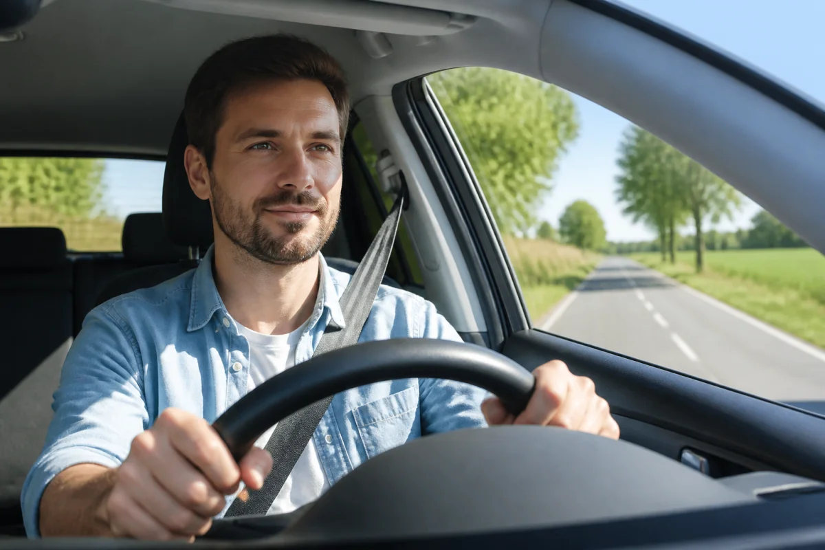 Conducteur serein au volant sur une route de campagne, illustrant la récupération de points sur son permis de conduire.
