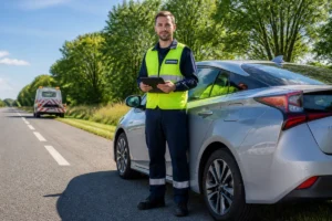 Dépanneur professionnel en gilet jaune assistant un conducteur près d'une voiture moderne pour estimer combien coûte un remorquage.