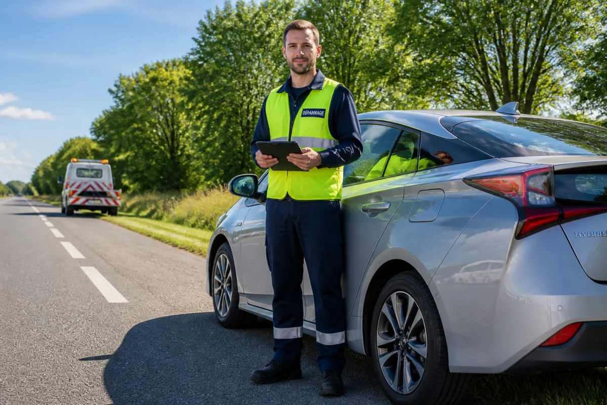 Dépanneur professionnel en gilet jaune assistant un conducteur près d'une voiture moderne pour estimer combien coûte un remorquage.