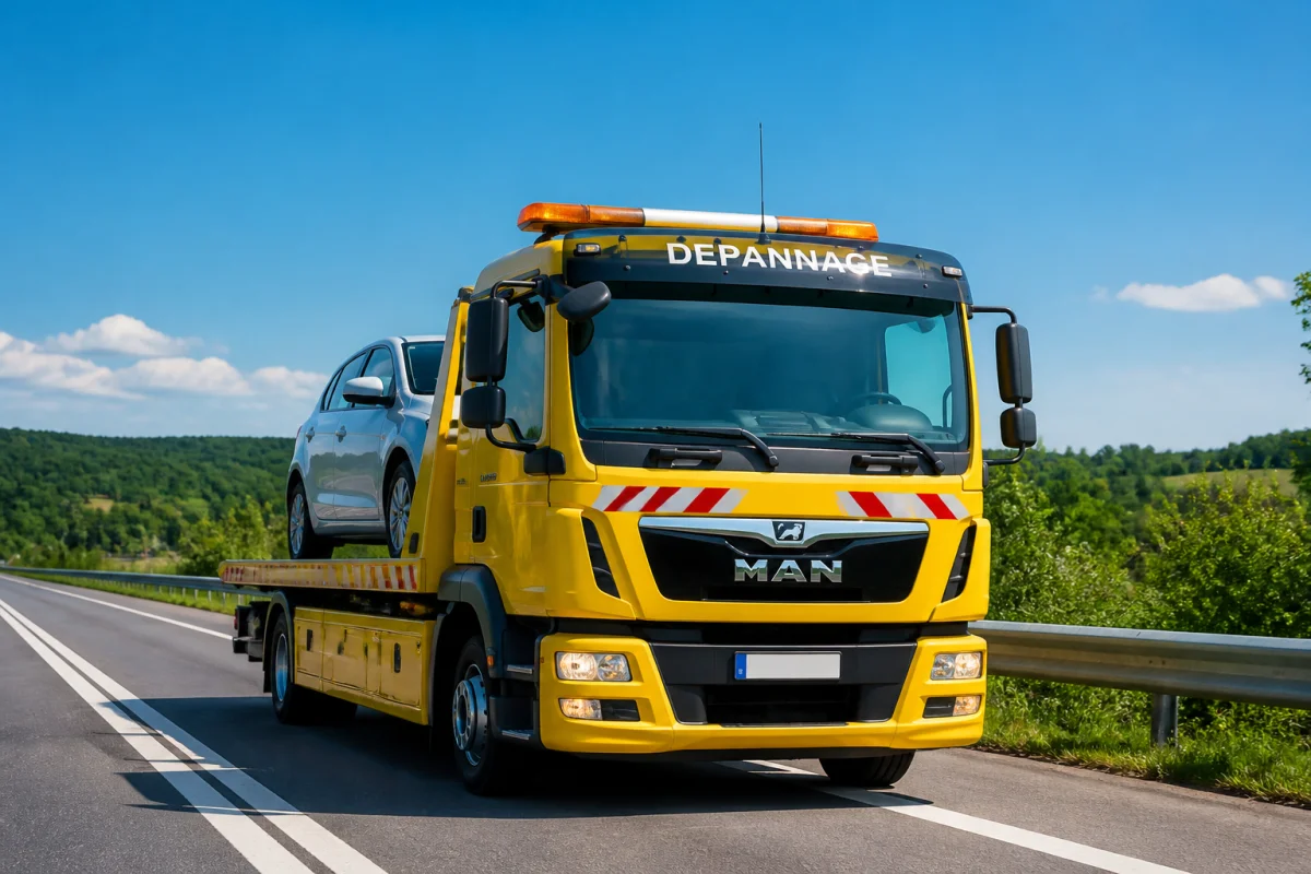 Dépanneuse professionnelle transportant une voiture sur une autoroute pour illustrer combien coûte un remorquage de voiture.