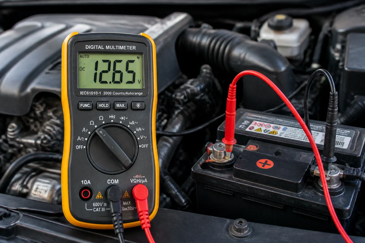 Multimètre numérique mesurant la tension d'une batterie de voiture pour tester le bon fonctionnement de l'alternateur.