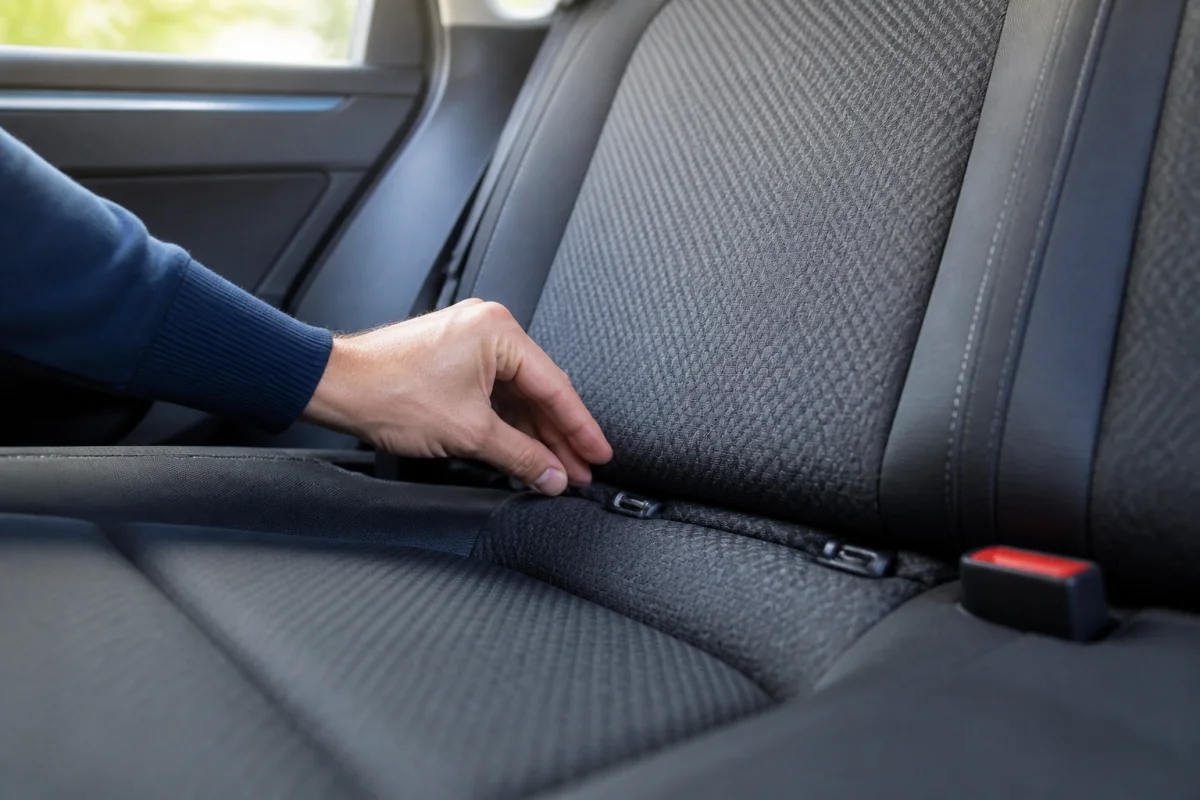 Main vérifiant les points d'ancrage Isofix entre l'assise et le dossier pour savoir si sa voiture est compatible.