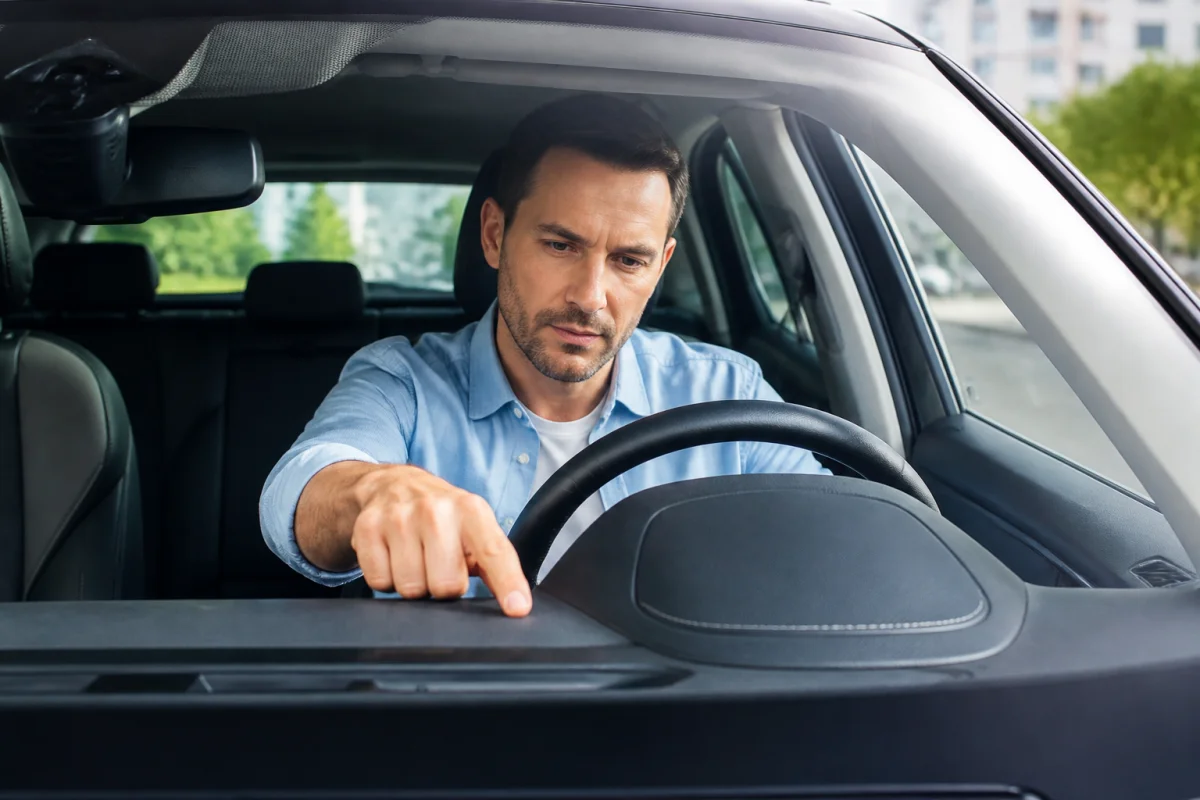 Conducteur examinant attentivement le tableau de bord d'une voiture moderne pour vérifier un rappel constructeur.