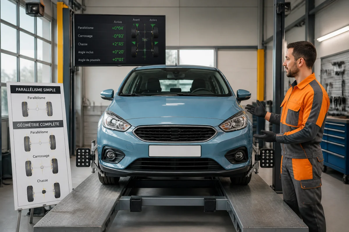 Combien coûte un parallélisme sur une voiture, technicien et capteurs de réglage en atelier automobile