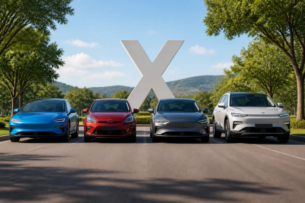 Marques de voiture en X illustrées par quatre véhicules modernes alignés devant un panneau en forme de X