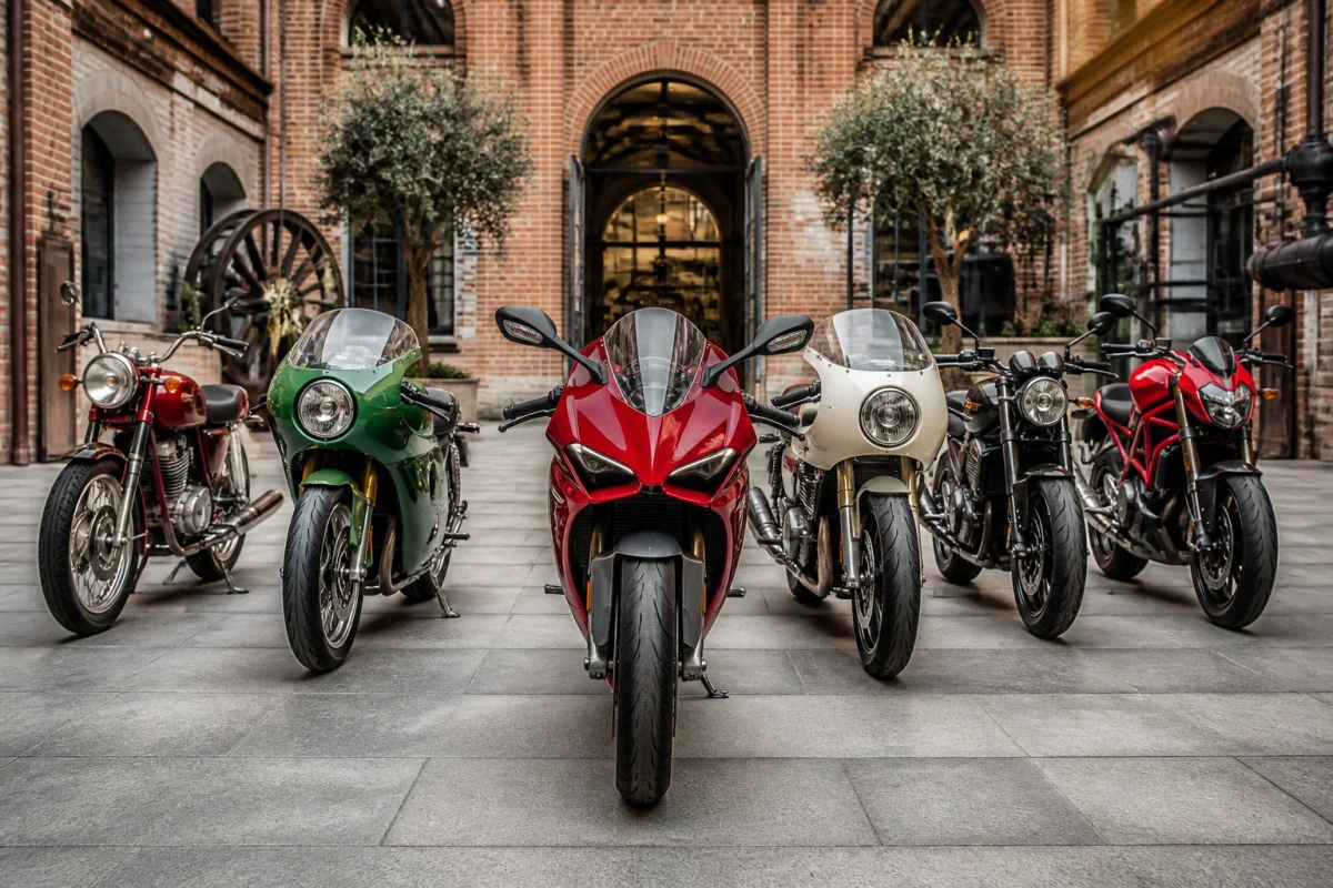 Rangée de motos italiennes historiques et contemporaines exposées dans la cour d’un atelier-musée industriel