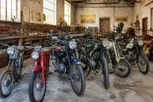 Anciennes motos françaises restaurées alignées dans un atelier, évoquant des marques de moto françaises disparues