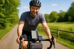 Cycliste souriant testant une application GPS vélo sur smartphone, avec compteur cycliste sur une piste verdoyante