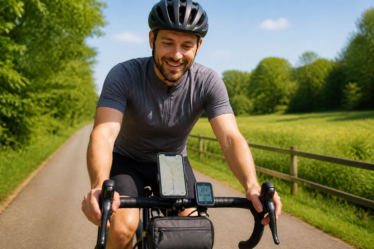 Cycliste souriant testant une application GPS vélo sur smartphone, avec compteur cycliste sur une piste verdoyante
