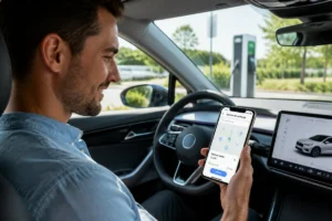 Conducteur souriant utilisant la meilleure application de recharge pour voiture électrique devant une borne moderne.