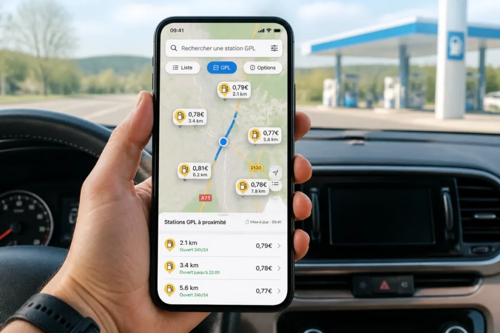Smartphone affichant la meilleure application station GPL avec carte interactive, prix actualisés et itinéraires vers les stations voisines