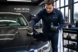 Technicien professionnel appliquant un traitement céramique sur une berline pour illustrer combien coute un polissage voiture.
