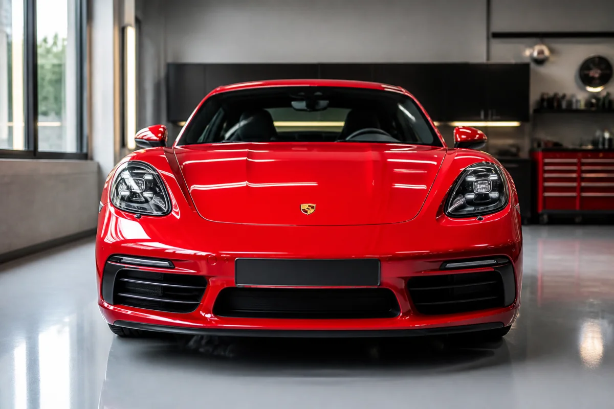Voiture de sport moderne à la carrosserie parfaitement lustrée dans un garage professionnel pour illustrer combien coûte un polissage voiture.