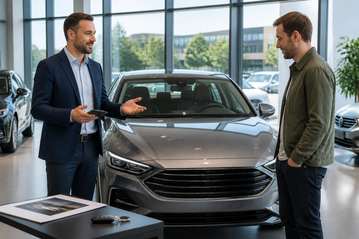Conseiller automobile présentant une berline moderne à un client dans un espace contemporain, symbole de l’accompagnement Amg Autos