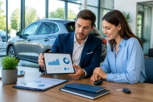 Conseiller et cliente analysent un projet automobile avec Amg Autos dans un espace moderne