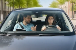 Élève conducteur concentré au volant, accompagné d’un moniteur bienveillant lors d’une leçon Auto Ecole Angel Conduite rassurante