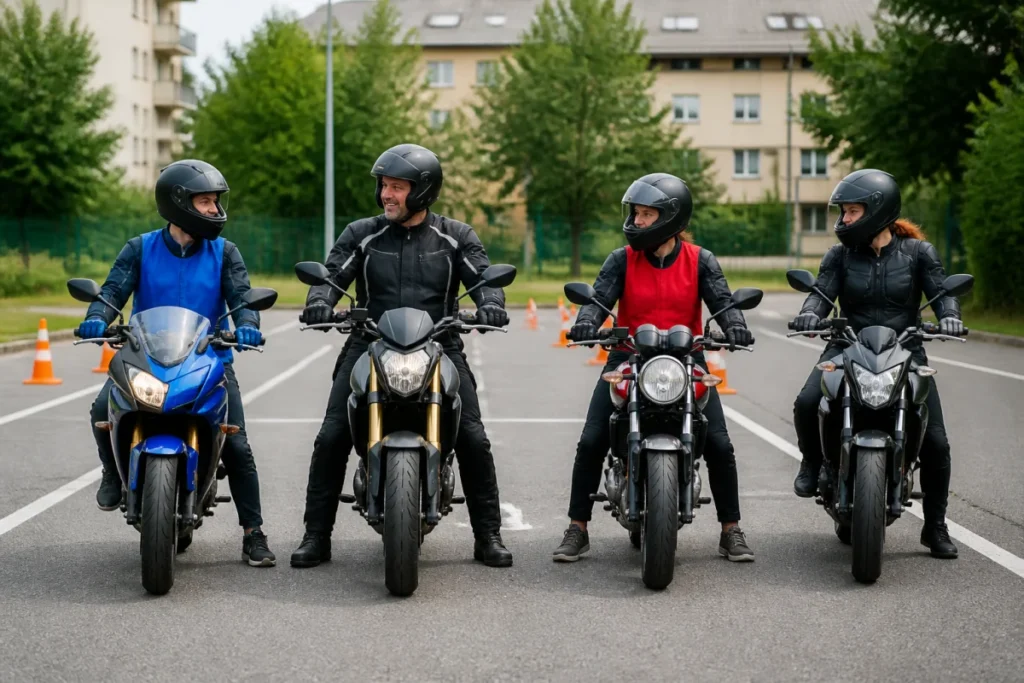 Auto Ecole Montfermeil avec instructeur et élèves motards équipés, en formation sur une piste sécurisée