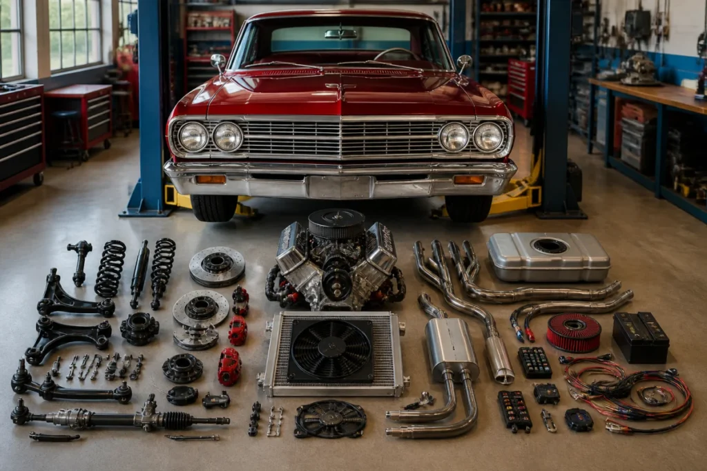 Car Custom Shop présentant une voiture américaine classique restaurée et ses composants mécaniques organisés en atelier automobile ordonné