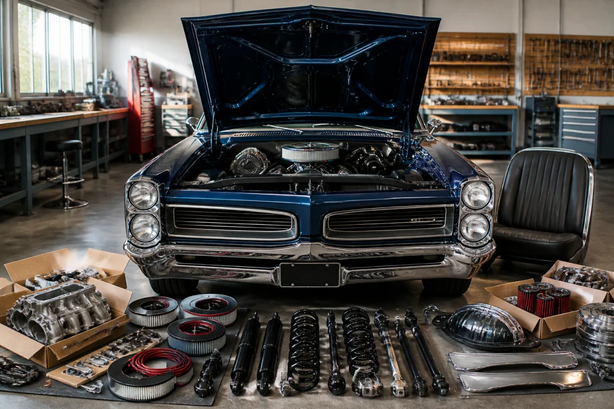 Car Custom Shop présentant une voiture américaine classique restaurée, entourée de pièces mécaniques sélectionnées dans un atelier spécialisé.