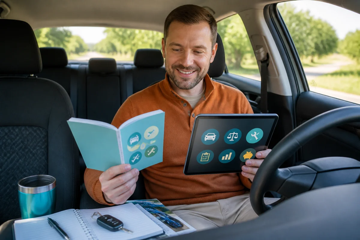 Cercle Auto accompagne un automobiliste souriant consultant un guide et une tablette dédiée aux conseils automobiles.