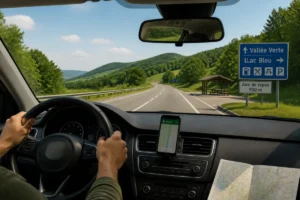 Cercle Auto accompagne un automobiliste sur une route panoramique balisée, avec navigation et paysage verdoyant.