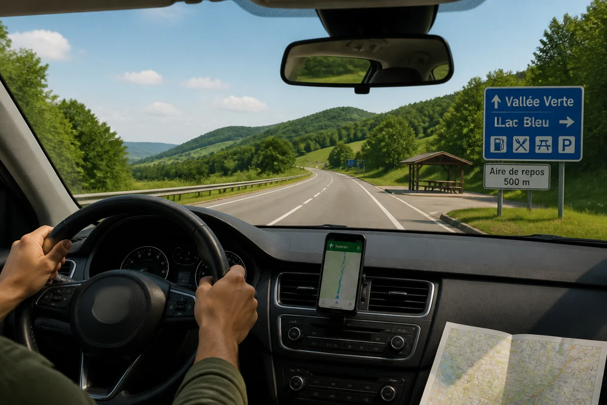 Cercle Auto accompagne un automobiliste sur une route panoramique balisée, avec navigation et paysage verdoyant.