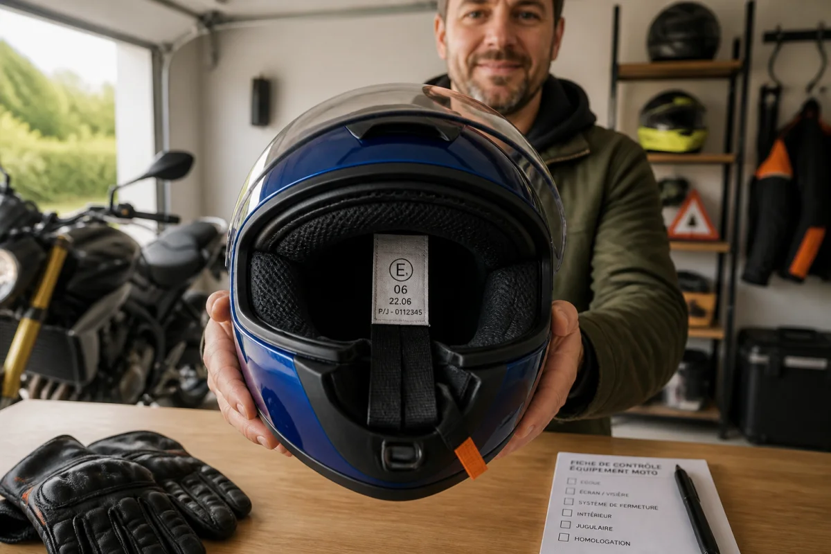 Motard présentant un casque moto intégral homologué, avec étiquette ECE 22.06 visible sur la jugulaire.
