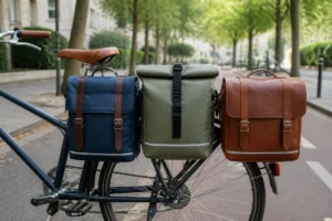Comparer une sacoche de vélo urbaine en toile, synthétique imperméable ou cuir pour les trajets quotidiens.