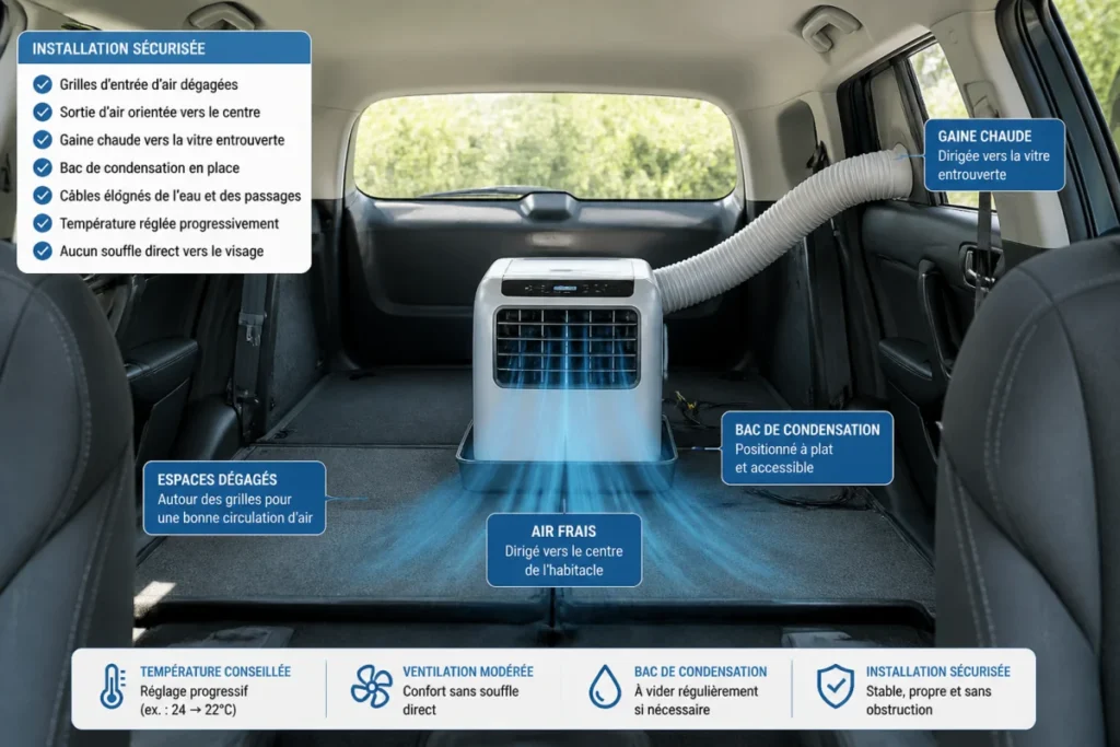 Climatisation mobile installée en voiture, gaine d’évacuation vers vitre entrouverte et grilles d’air dégagées