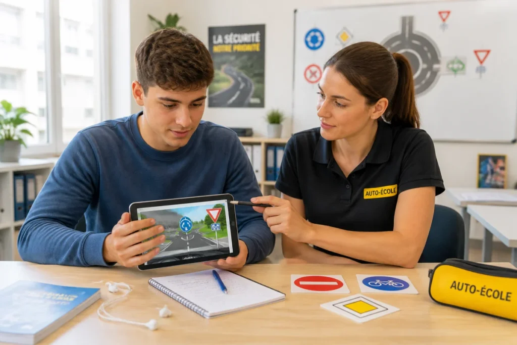 Candidat préparant le code de la route en ligne sur tablette avec l’accompagnement d’une formatrice en auto-école