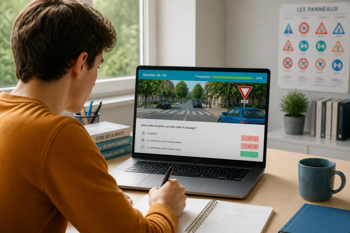 Jeune adulte concentré préparant le code de la route en ligne sur ordinateur portable, interface interactive et scène routière visible