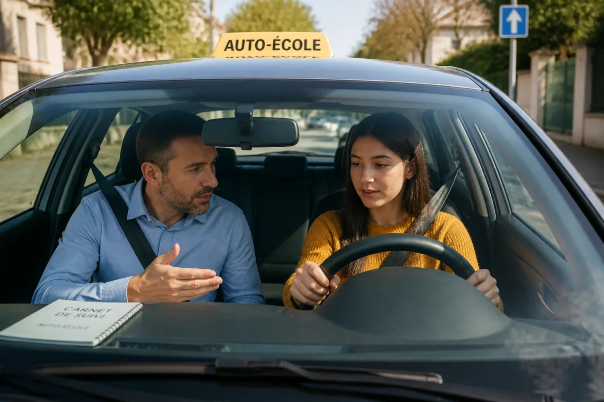 Ecole De Conduite Antoine accompagne une jeune conductrice avec un moniteur lors d’une leçon personnalisée en voiture-école