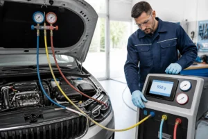 Technicien contrôlant l’étanchéité du circuit lors de l’entretien de la climatisation d’une voiture
