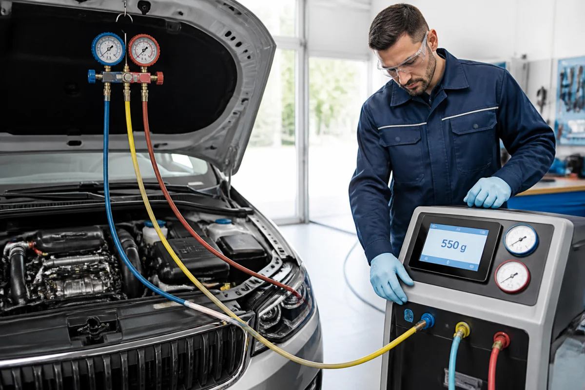 Technicien contrôlant l’étanchéité du circuit lors de l’entretien de la climatisation d’une voiture