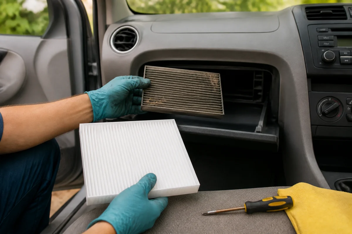 Remplacement d’un filtre d’habitacle usagé par un filtre neuf pour l’entretien de la climatisation d’une voiture