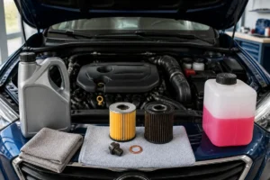 Entretien moteur voiture avec moteur propre, filtre à huile neuf, huile et liquide de refroidissement dans un atelier automobile ordonné