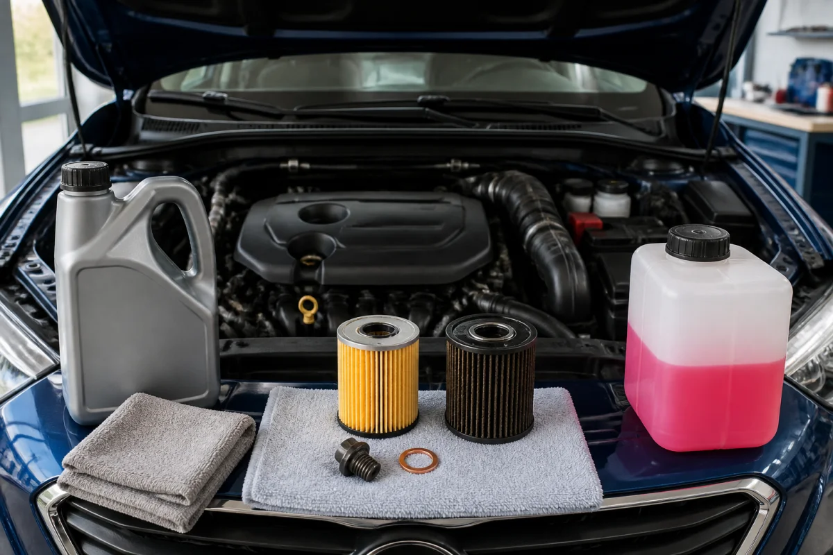 Entretien moteur voiture avec moteur propre, filtre à huile neuf, huile et liquide de refroidissement dans un atelier automobile ordonné