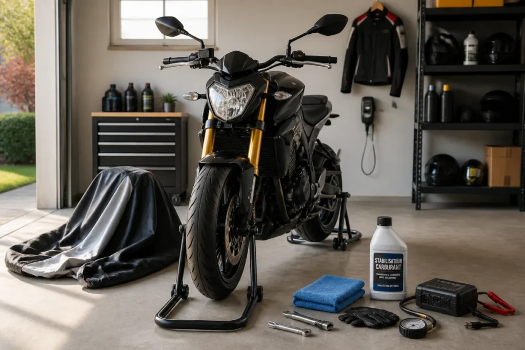 Moto préparée pour l’entretien avant l’hiver dans un garage, avec batterie protégée, outils et accessoires d’hivernage