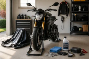 Moto préparée pour l’entretien avant l’hiver dans un garage, avec batterie protégée, outils et accessoires d’hivernage