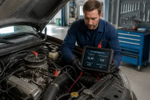 Mécanicien contrôlant le système de carburation d’un moteur avec un appareil de diagnostic dans un garage lumineux