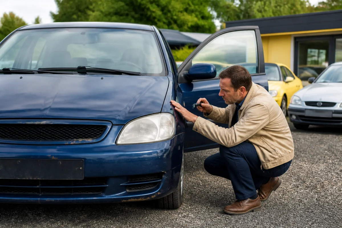 Acheteur inspectant une voiture d’occasion lors d’un entretien voiture avant achat, vérifiant carrosserie, portières, capot et coffre